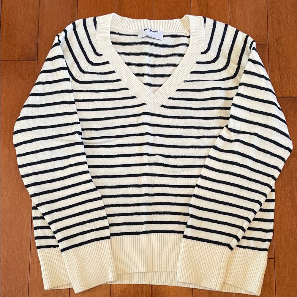 Old Navy V-Neck Sweater - Black and Cream Stripes